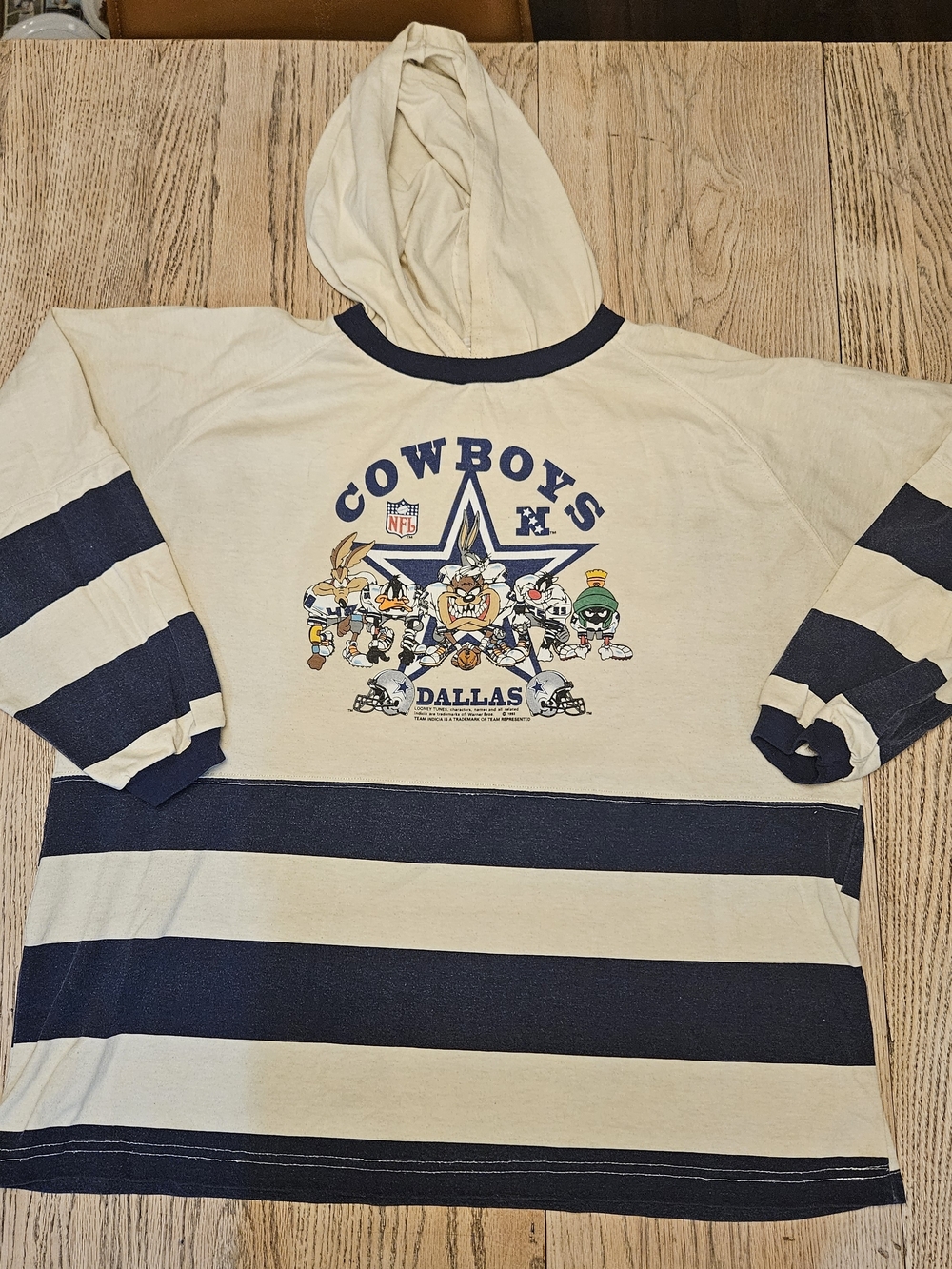 Vintage 1993 Dallas Cowboys Looney Tunes Hooded Shirt Striped NFL